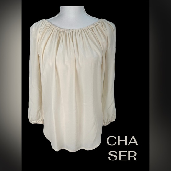Chaser | 100% Silk Cream On/Off Shoulder Cut Out Sleeve Blouse - Picture 1 of 9